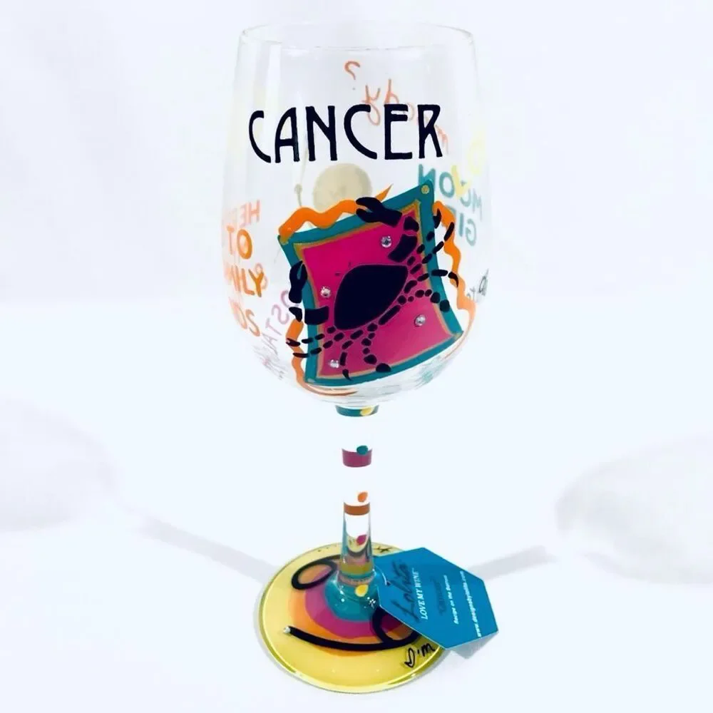NWT Gorgeous Lolita Love My Sign Cancer 15oz Hand Painted Wine Glass Gift Set